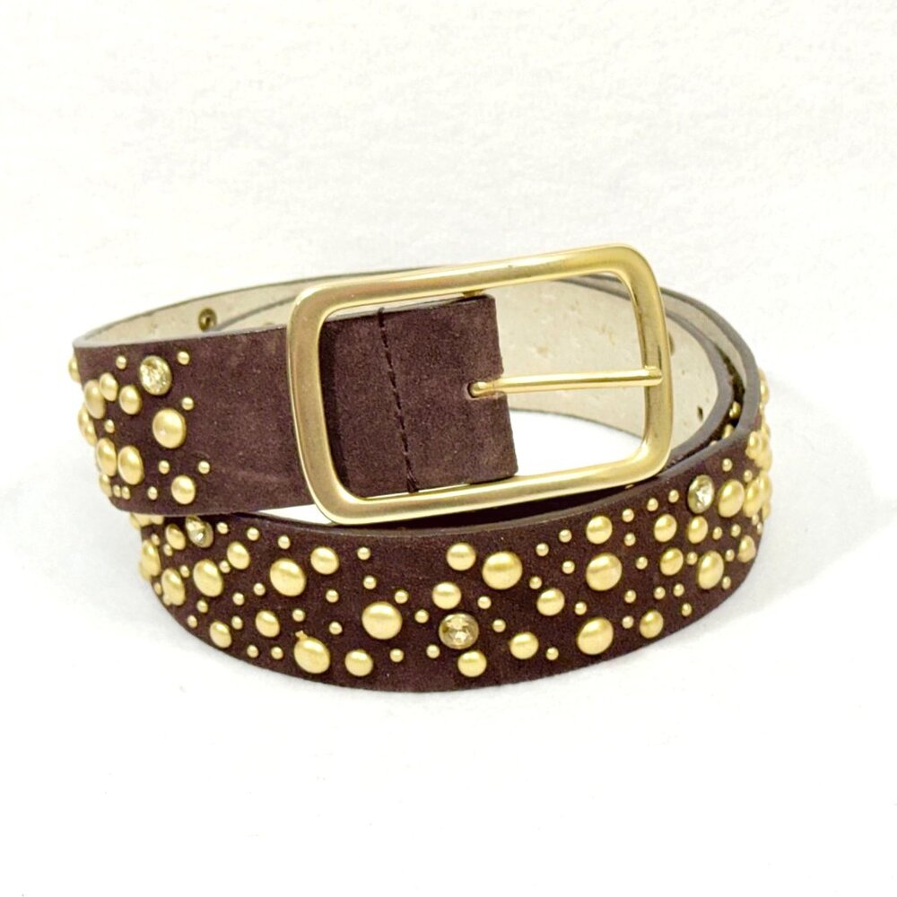 Vintage Brown Leather Belt With Gold Studs & Rhinestones  Size L